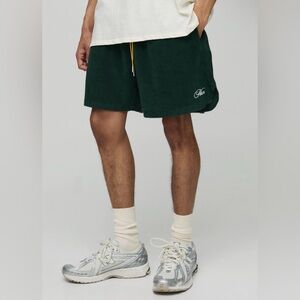 BoohooMan Men’s Boxy Fit Man Green Embroidered Terrycloth Shorts - Size M
